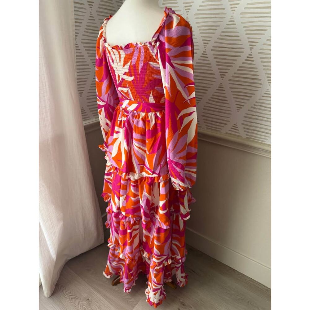 Peach Love Small Tropical Print Tiered Ruffle Smocked Long Sleeve Maxi Dress - Picture 6 of 7